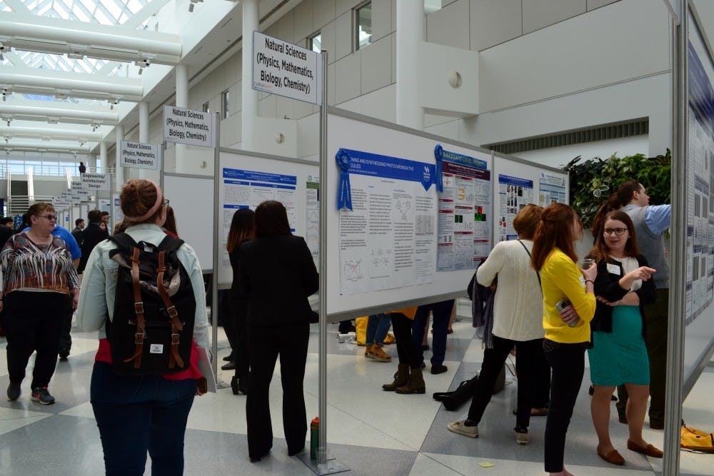 Hundreds gathered in the Center for the Arts lobby Thursday afternoon for the poster presentation at UB’s annual Celebration of Excellence.