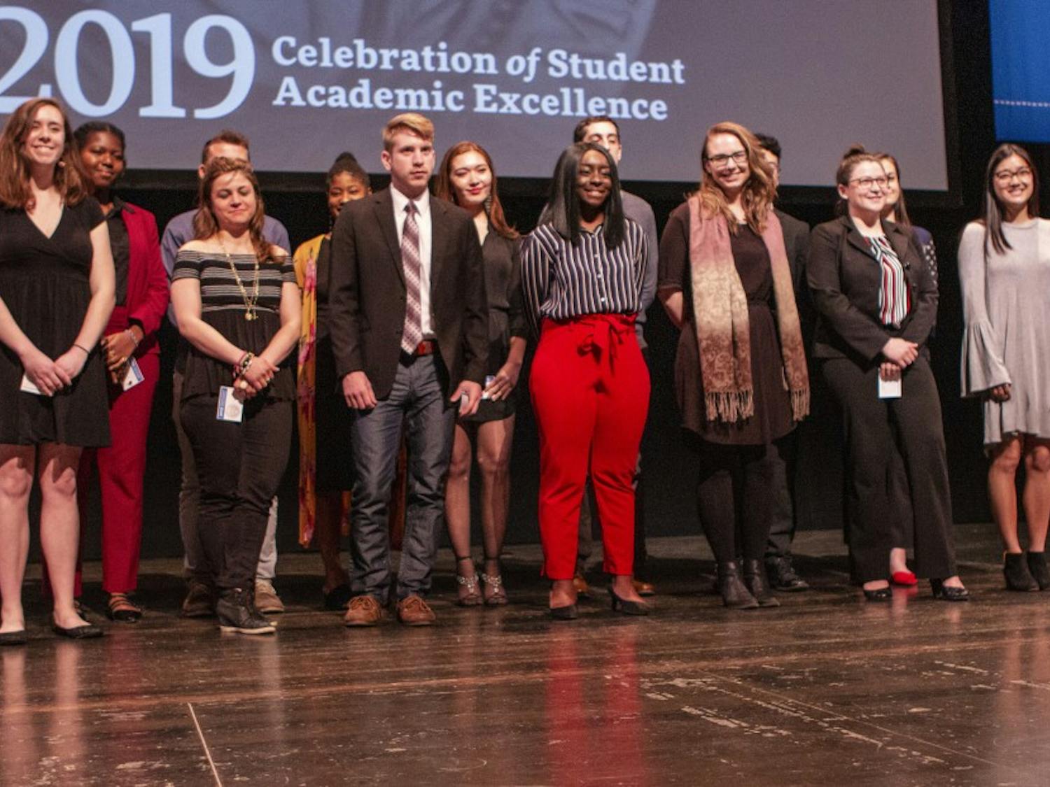 &nbsp;Students pose for a photo after being recognized for awards. UB recognized over 90 students at its 15th annual Celebration of Student Academic Excellence on Thursday.&nbsp;