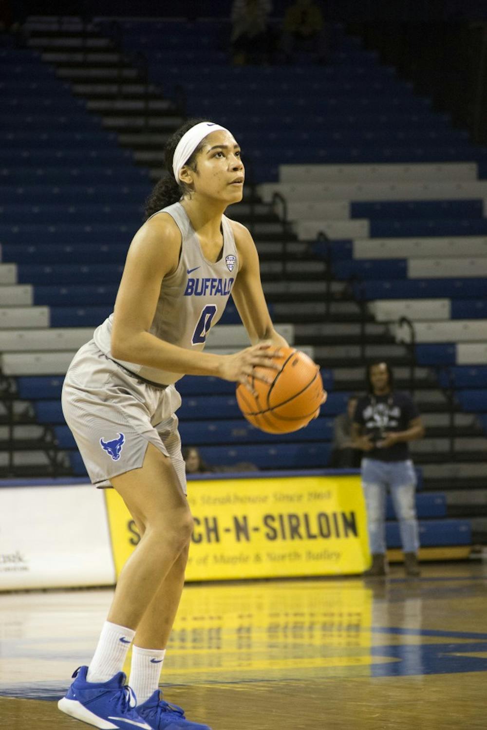 <p>Sophomore forward Summer Hemphill goes for a shot in Alumni Arena. Hemphill broke the school record for most rebounds in a single game Saturday afternoon.</p>