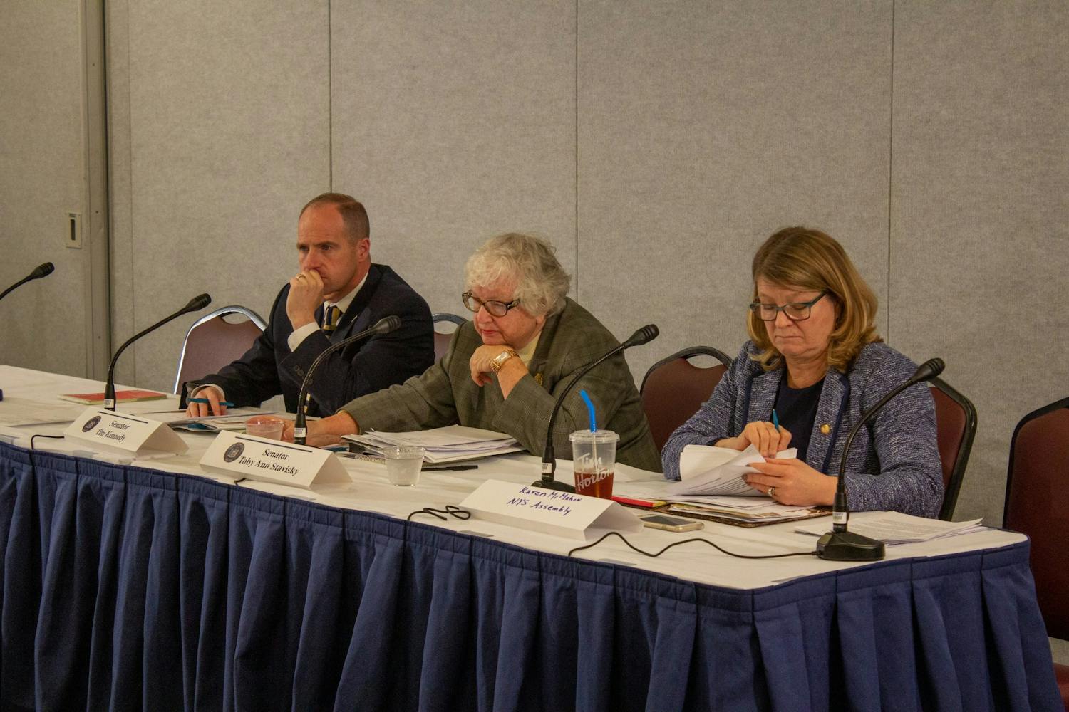 New York State Senator Timothy Kennedy, Assembly member Karen McMahon and Chair of the Higher Education Senate Committee Toby Ann Stavisky discuss higher education and tuition at the SUNY transparency bill discussion at the Center for Tomorrow on Wednesday.&nbsp;