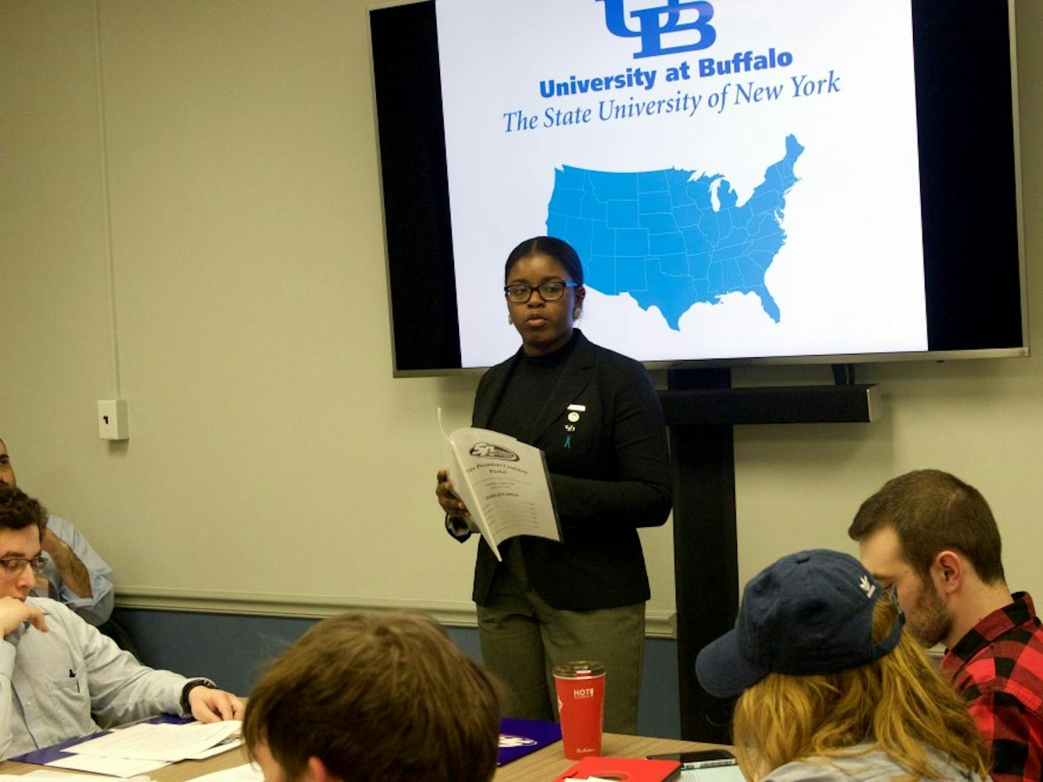 Samirra Felix, a senior geology major, talks at bi-weekly SA Senate meeting on Wednesday. SA President Leslie Veloz nominated Felix for the vacant vice presidency but did not receive any "yes" votes from Senate members.