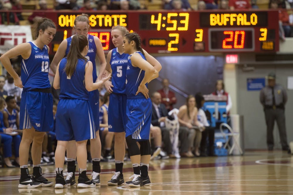The Bulls huddle during their NCAA Women's Tournament game against Ohio State in Columbus, Ohio on March 18.&nbsp;