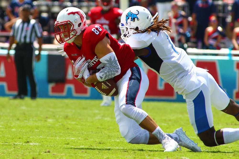 <p>Ross gets the tackle on a FAU receiver. Ross finished with four tackles and an interception in the Bulls’ 33-15 victory over the Owls.</p>