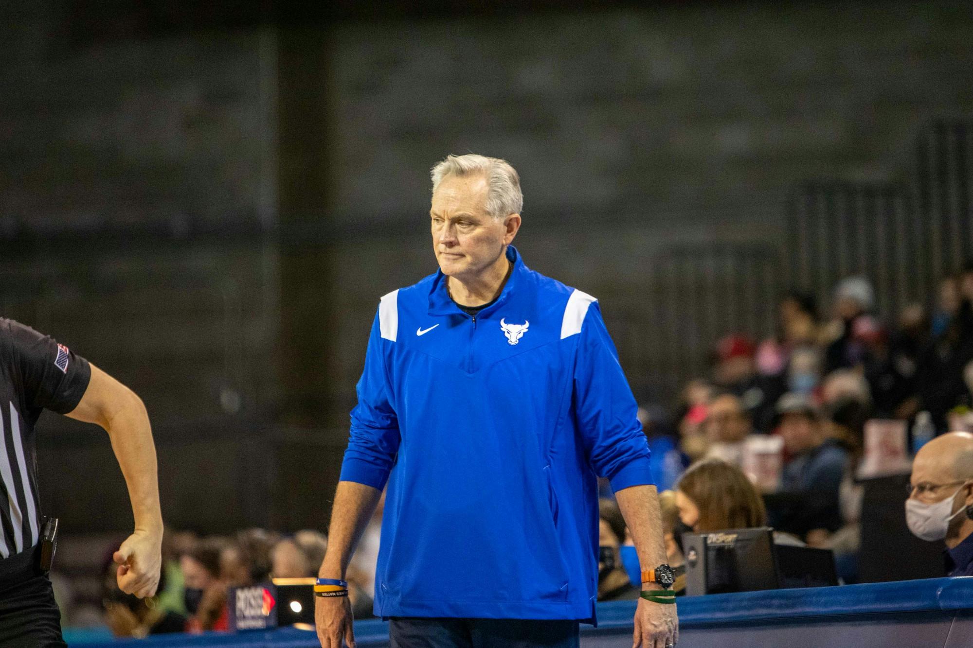 Men's basketball head coach Jim Whitesell looks on in frustration during a regular season game against Northern Illinois.