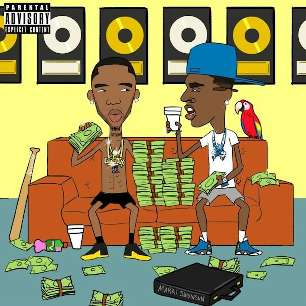 The album art is a blatant reference to the hit animated series “Beavis and Butthead,” featuring Glock and Dolph on a couch amid piles of cash and an assortment of random items — including a parrot.
