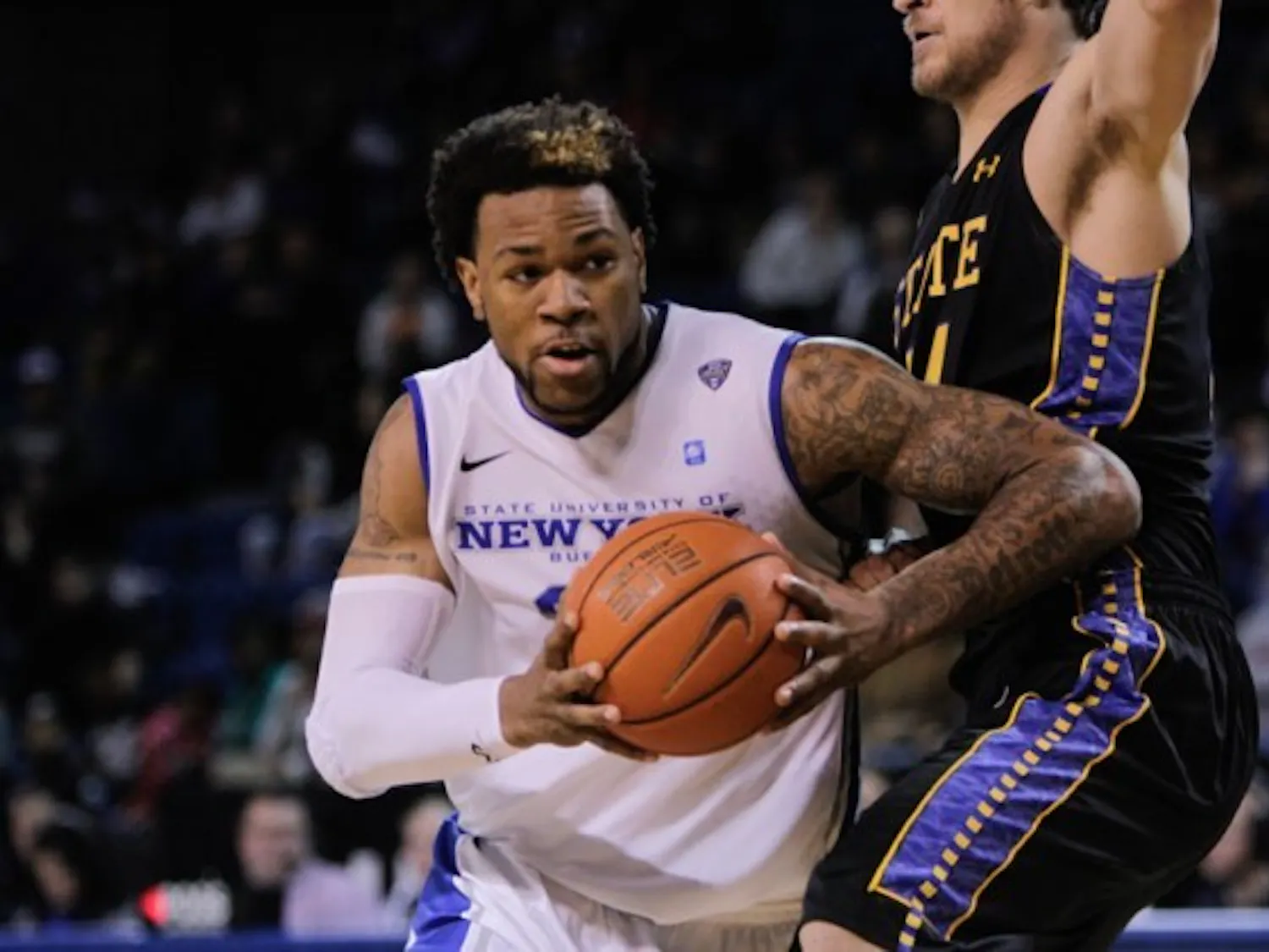 Junior forward Justin Moss had a career-high 25 points in Buffalo’s 69-67 victory over South Dakota State Friday night. Chad Cooper, The Spectrum