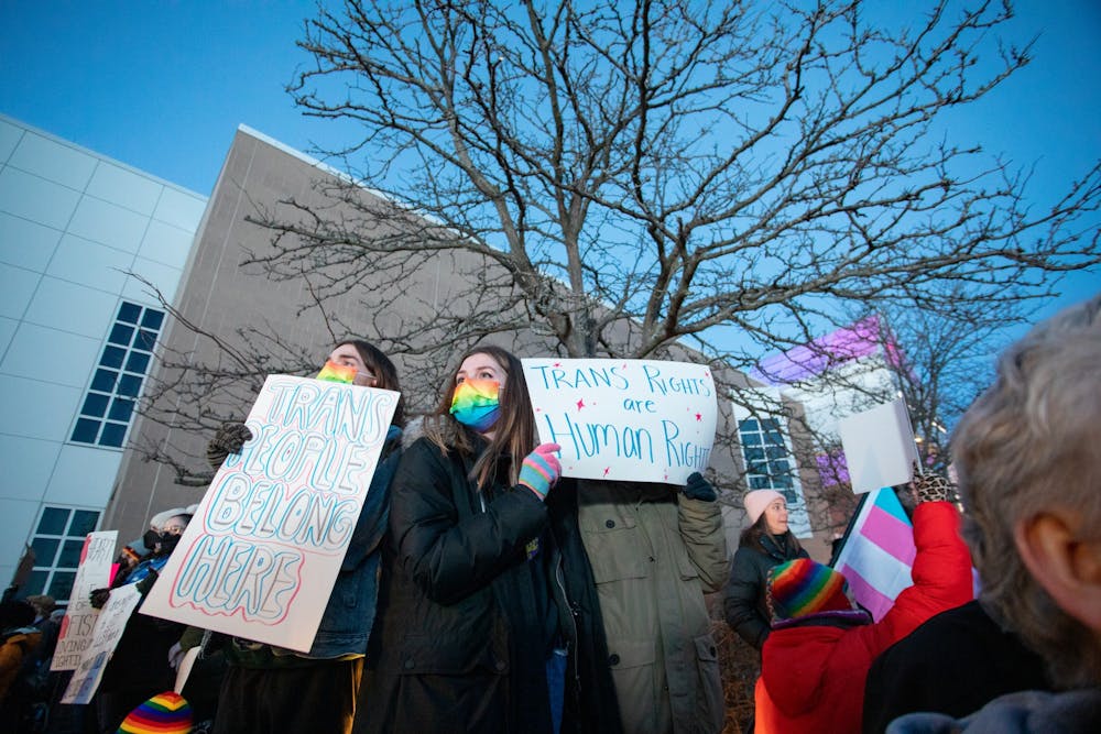 Hundreds of people protested outside of Slee Hall Thursday night as a response to Michael Knowles' speech titled "How Radical Feminism Destroys Women (And Everything Else)"