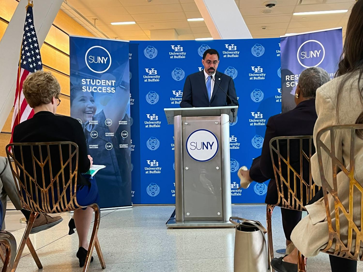 SUNY Chancellor John King addressed local media during a press conference in the atrium of UB's downtown campus.&nbsp;