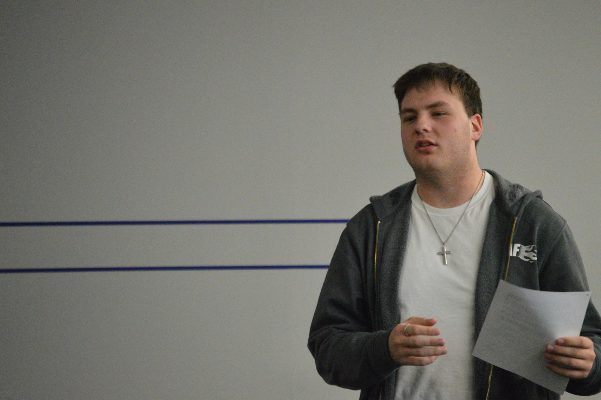 Jack Koscinski speaks to the SA Senate in an April 8 meeting as SA's 2025-26 treasurer. He was elected to serve as SA's 2026-27 president the week before.