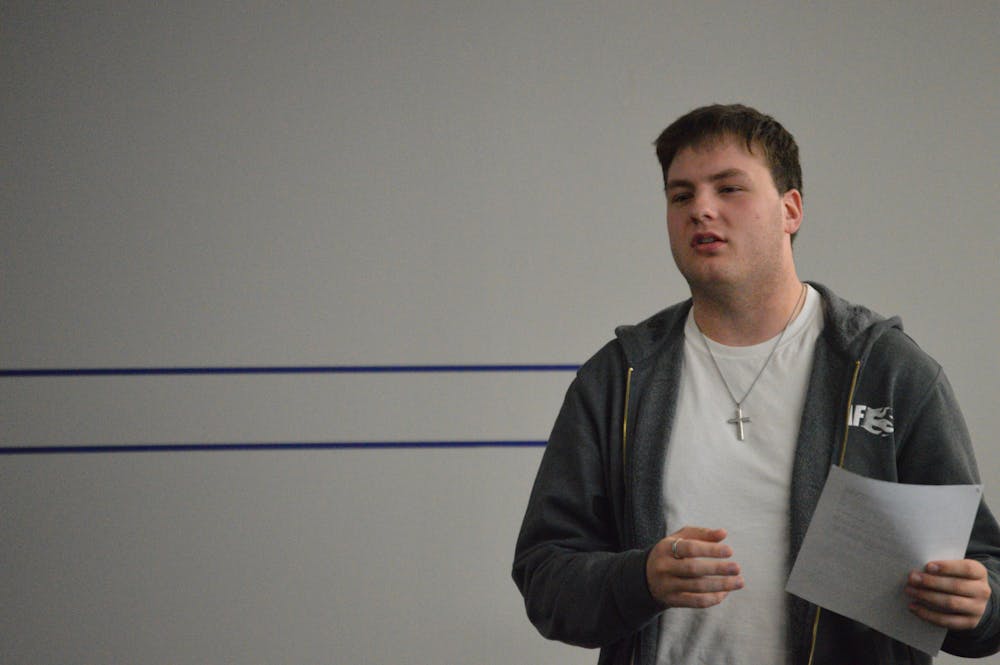 Jack Koscinski speaks to the SA Senate in an April 8 meeting as SA's 2025-26 treasurer. He was elected to serve as SA's 2026-27 president the week before.