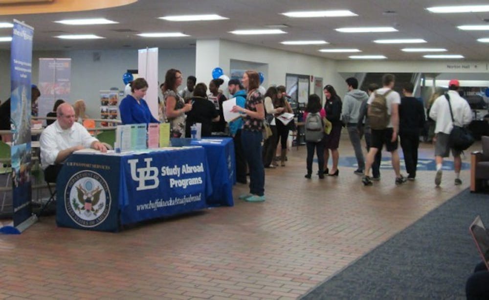 Students gathered in the lobby of Capen Hall on Sept. 24 to explore their options for studying abroad and to learn how to finance their trip. Jessica Imagna, a graduate assistant in the Study Abroad Office, says finding scholarships is all about &ldquo;looking for money everywhere.&rdquo;
Emma Janicki, The Spectrum