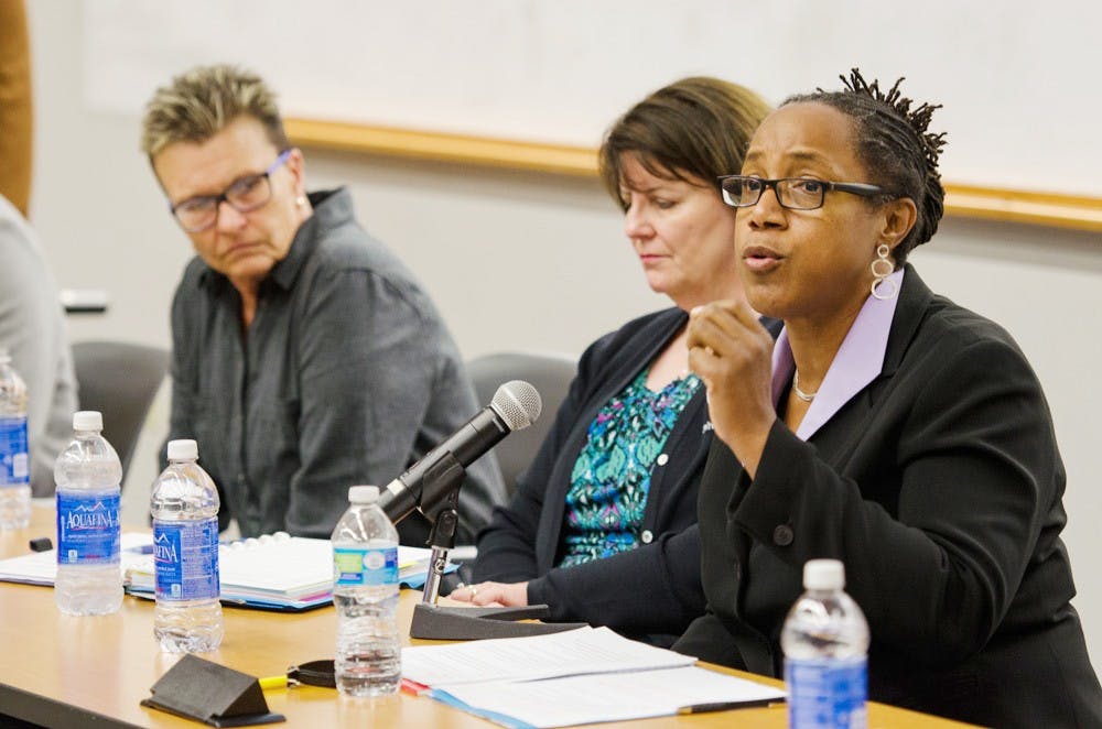 <p>Teresa Miller, vice provost of Equity and Inclusion, speaks at Black Student Union’s open forum in September. Miller also spoke at the “community chat”  in South Lake Village Wednesday night to discuss race and diversity on campus.</p>