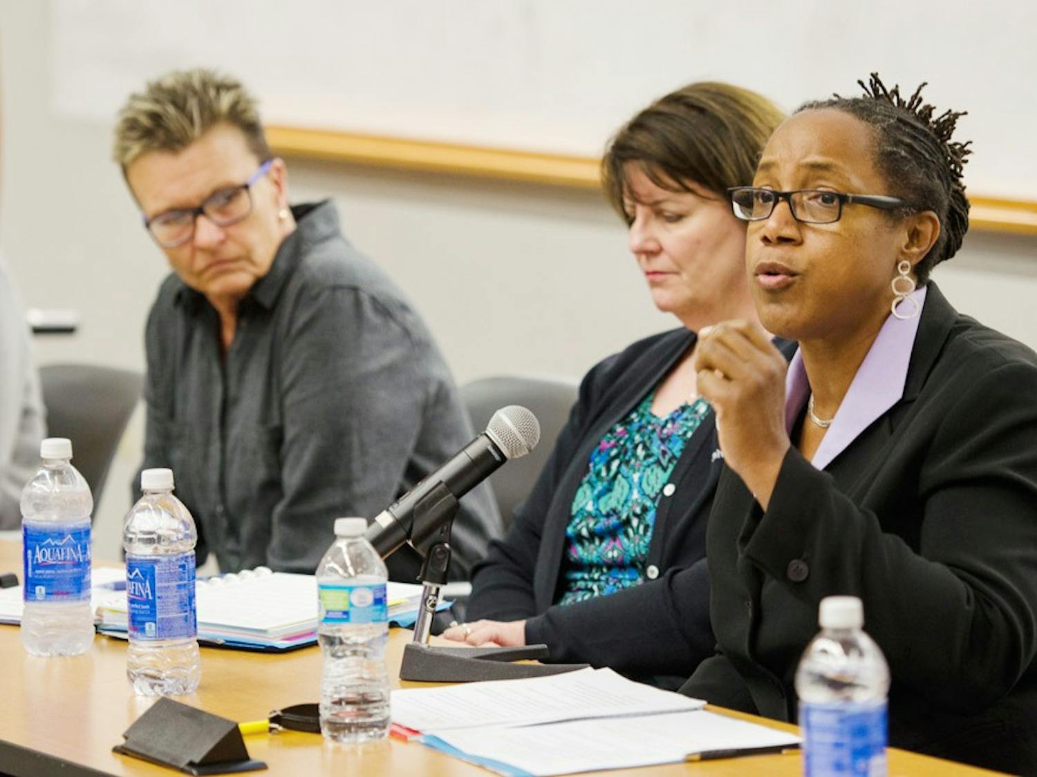 Teresa Miller, vice provost of Equity and Inclusion, speaks at Black Student Union’s open forum in September. Miller also spoke at the “community chat”  in South Lake Village Wednesday night to discuss race and diversity on campus.
