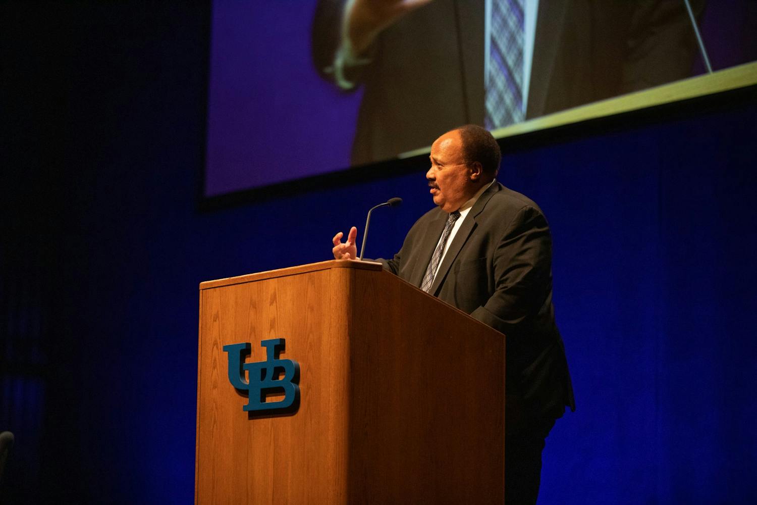 Martin Luther King III, the eldest son of Martin Luther King Jr., spoke at the Center for the Arts Tuesday evening.