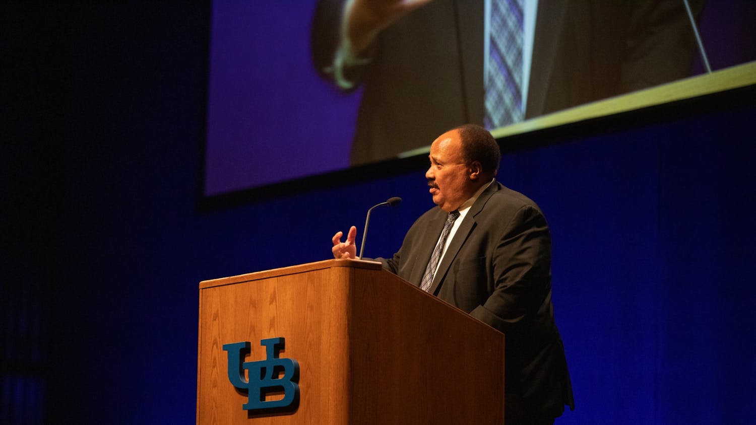 Martin Luther King III, the eldest son of Martin Luther King Jr., spoke at the Center for the Arts Tuesday evening.