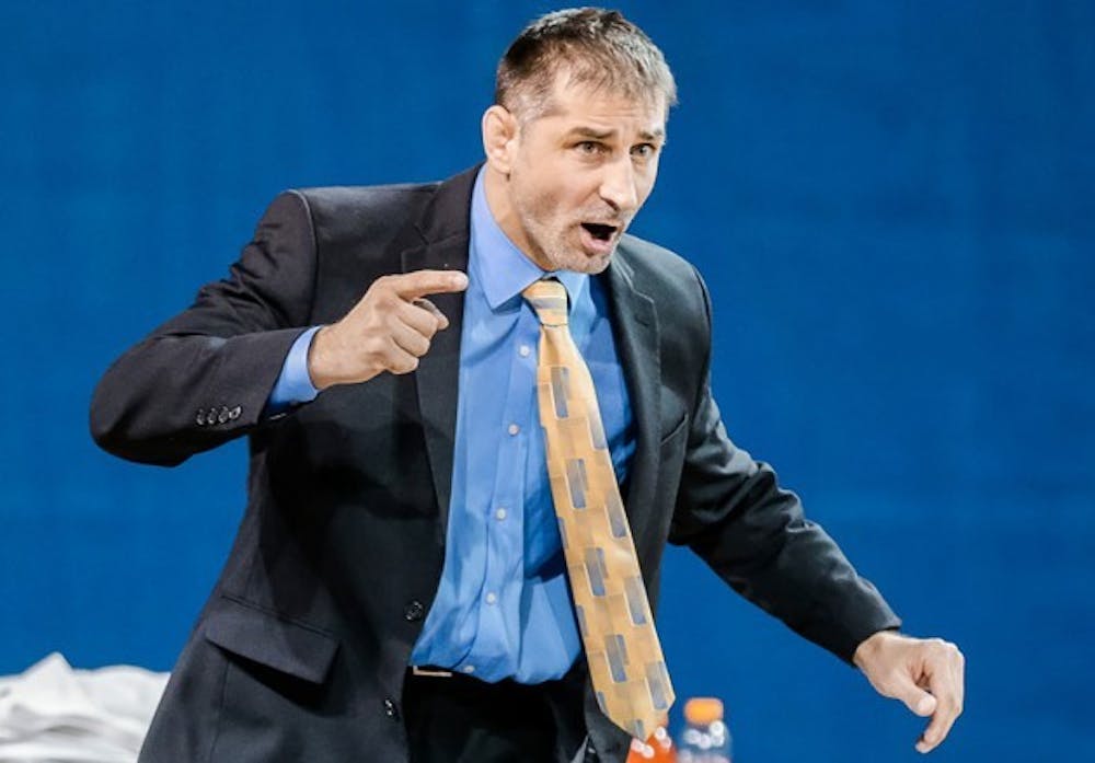 <p>John Stutzman coaches during his first season with the Bulls. Buffalo defeated Binghamton 24-12 at Alumni Arena Friday afternoon.&nbsp;</p>