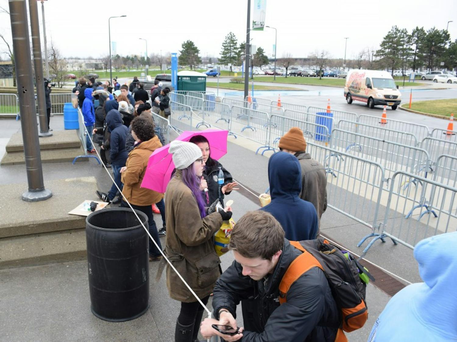 People begin lining up outside Alumni Arena for Bernie Sanders' rally&nbsp;Monday morning. Doors open at 4 p.m. and Sanders will speak at 7 p.m.&nbsp;