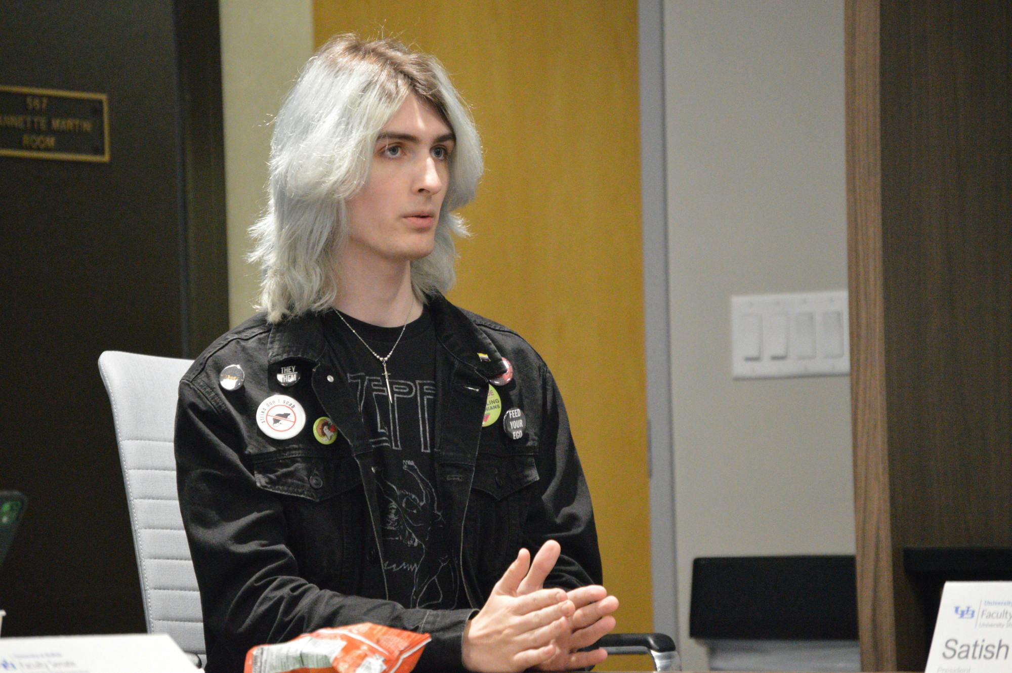 Lorien Samarra, member of UB’s LGBTA junior e-board, speaks in front of UB’s Faculty Senate executive committee last Tuesday.
