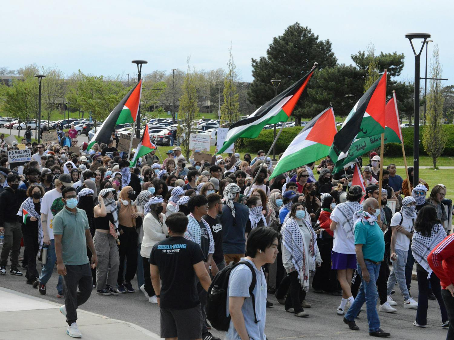 Hundreds of pro-Palestinian protestors marched on UB's North Campus Friday afternoon.