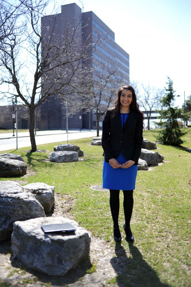 Student Association President Minahil Khan&nbsp;poses for a photo during her SA presidential run in the spring of 2015.&nbsp;