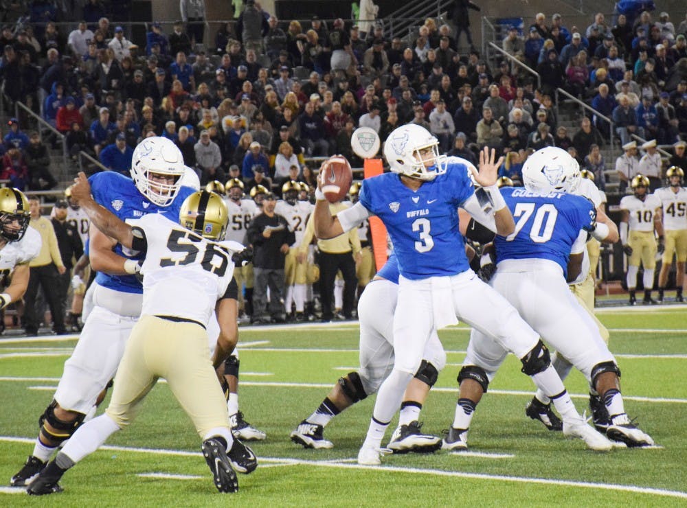<p>Freshman quarterback Tyree Jackson throws a pass.&nbsp;Jackson’s 107 passing yards in the fourth quarter, along with two scores, were a major key to Saturday's win.</p>
