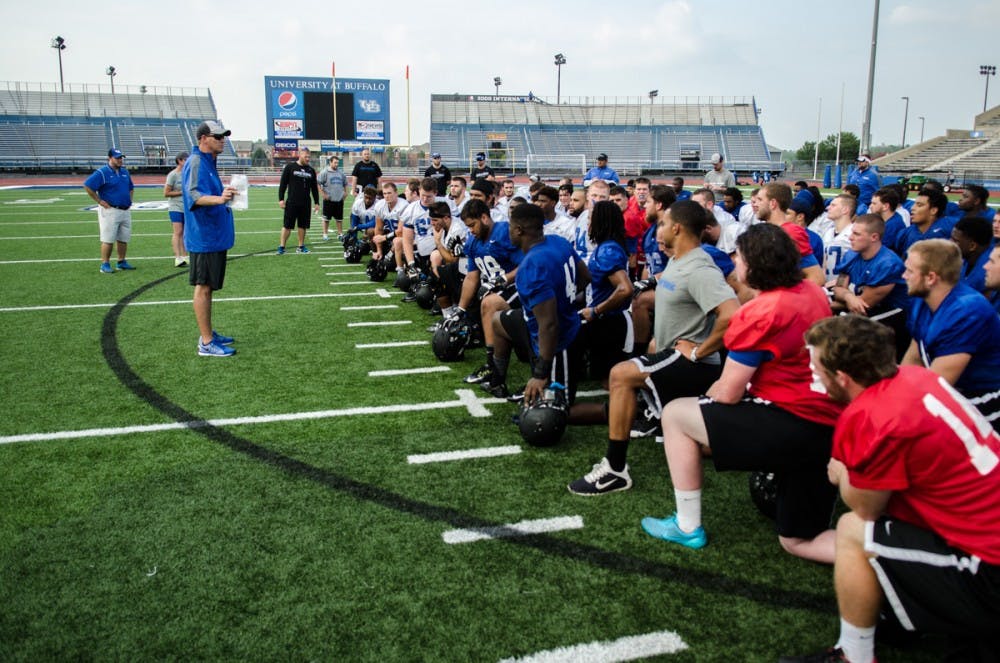 <p>Lance Leipold addresses his team just days away from making his Buffalo debut. </p>