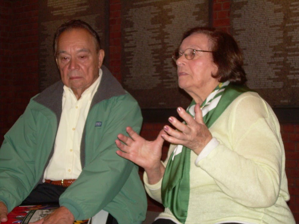 <p>(left to right) Charles Byrd and Edith Fischgrund Plakins sit together in the Holocaust Museum in Washington. Byrd shot open the gate of the concentration camp Plakins was held in during the Holocaust. &nbsp;</p>