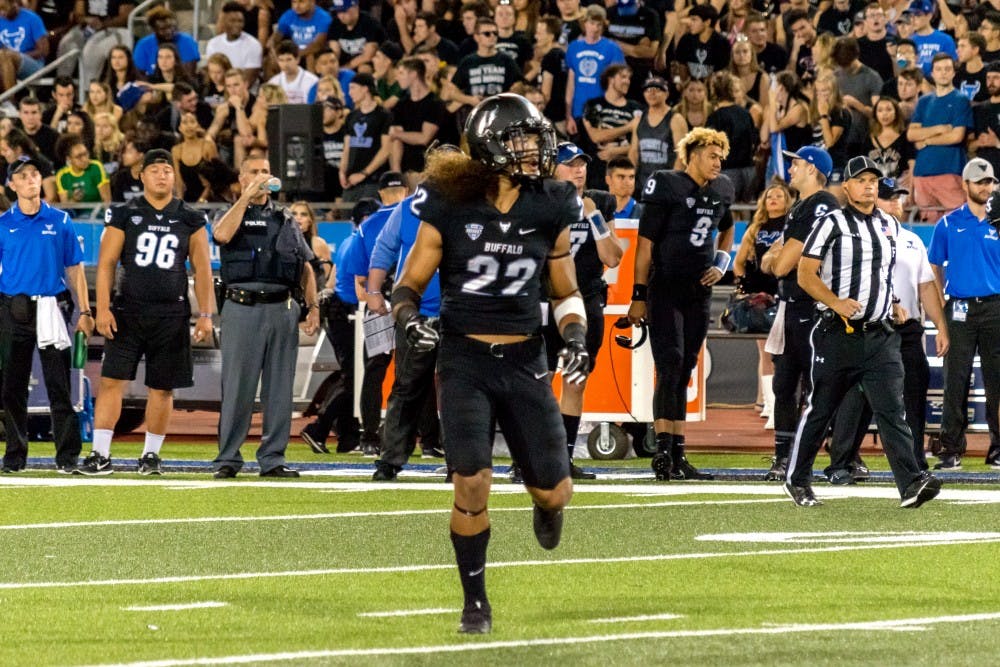 <p>Senior safety Tim Roberts on the fi eld against FAU. Roberts is a Louisiana native who transferred to Buffalo two years ago after playing junior college football in California.</p>