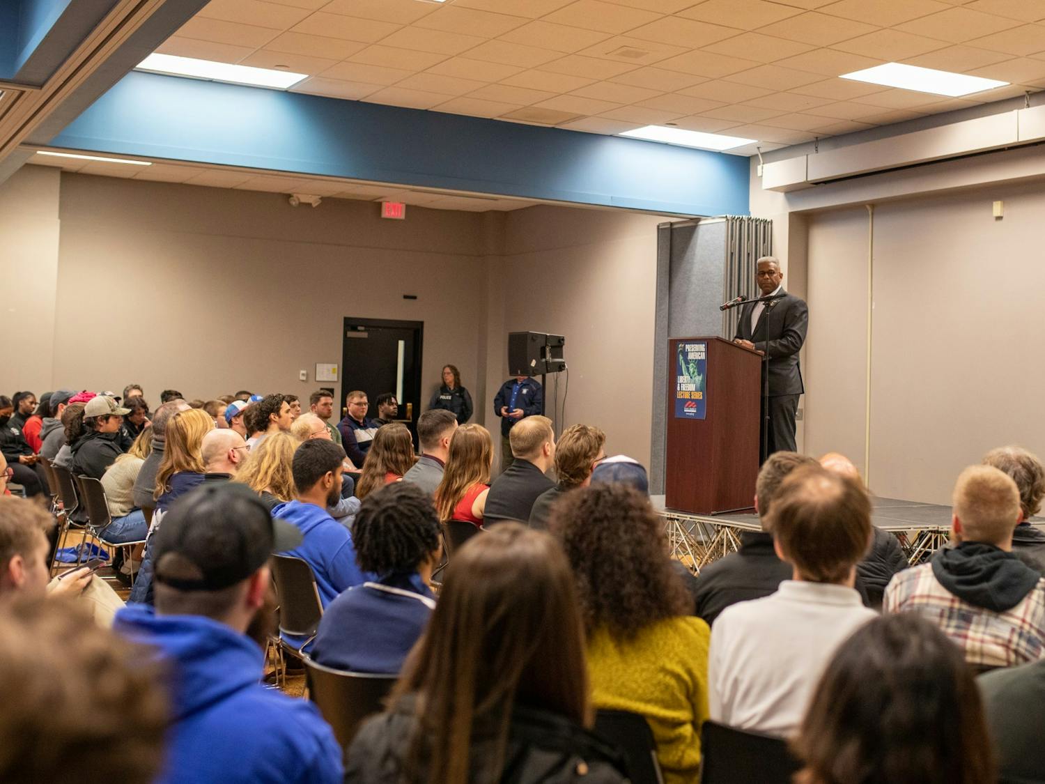 Lt. Col. Allen West, a former Republican Congressman from Florida, spoke to approximately 100 students at 145 Student Union Thursday evening.