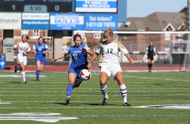 Freshman midfielder Alex Lambert chases after a loose ball in Buffalo&rsquo;s 1-0 win over Central Michigan.&nbsp;Chad Cooper, The Spectrum