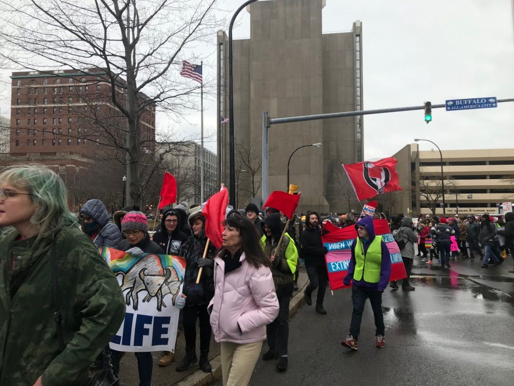 <p>Community members walk during Sunday’s Women’s March on Niagara Square.</p>