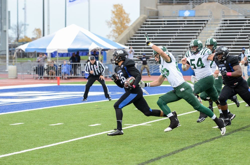<p>Sophomore safety Ryan Williamson returns an interception 15 yards for a touchdown in Buffalo's 41-17 victory over Ohio at UB Stadium Saturday. We gave the secondary an 'B .' </p>