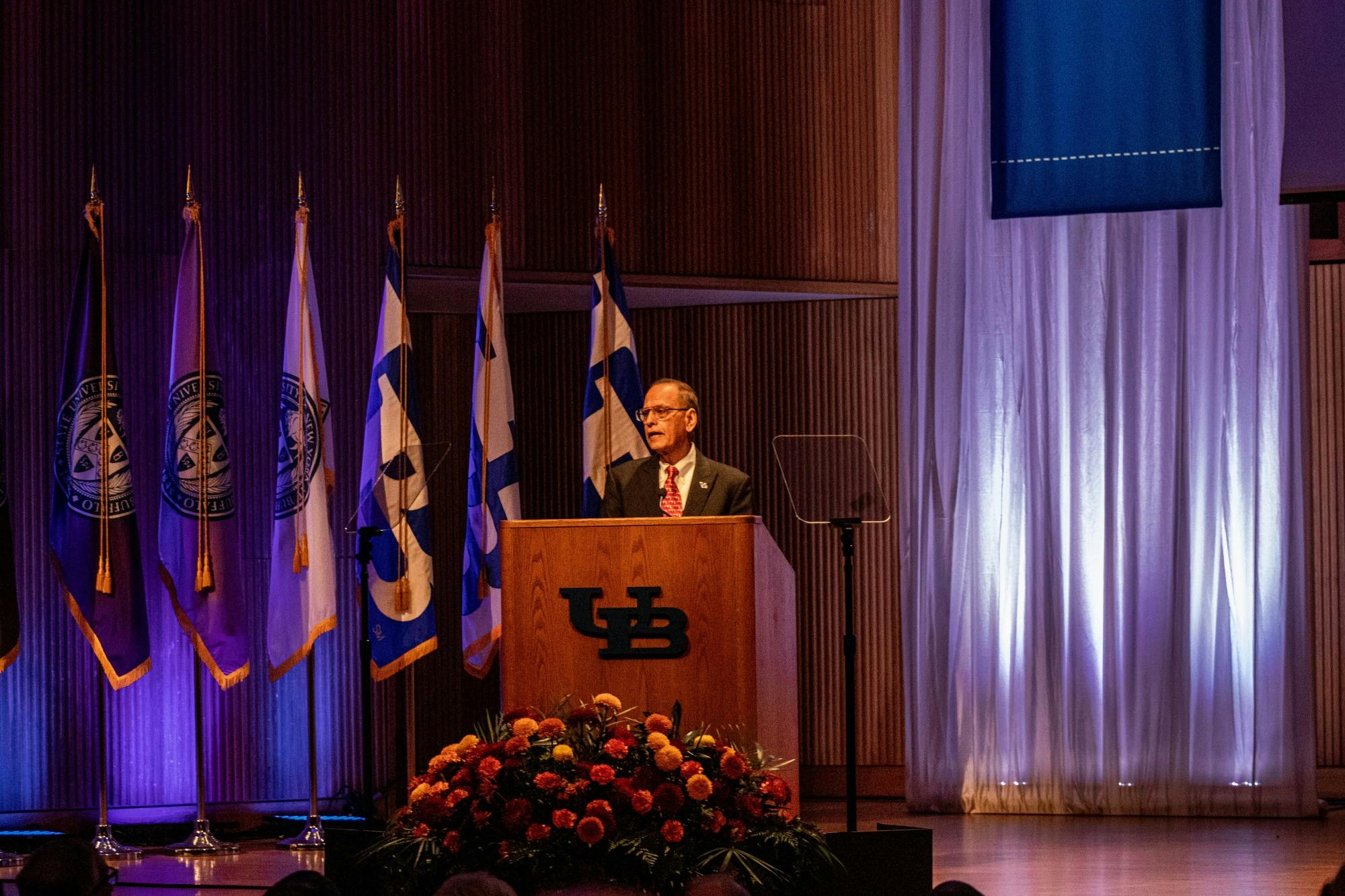 President Tripathi speaks at his 11th annual State of the University Address in Slee Hall Friday morning.