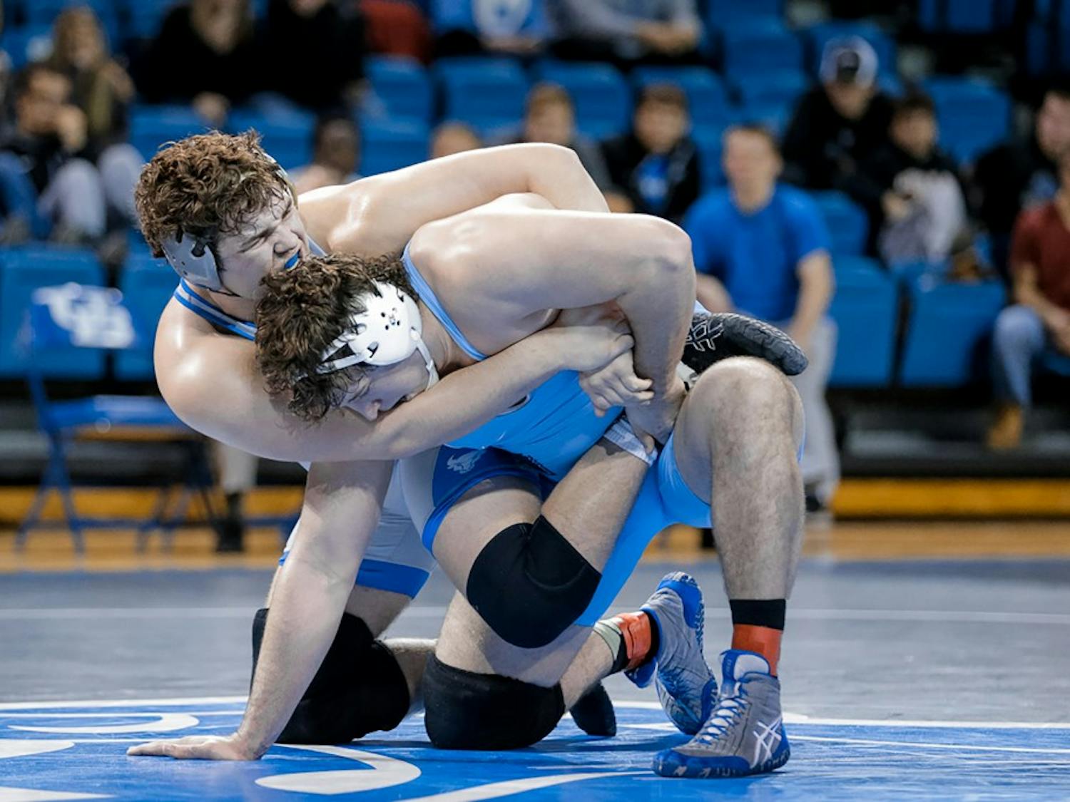 Jake Gunning competes in spring 2016 match. Gunning is one of three wrestlers heading to the NCAA tournament this year. 