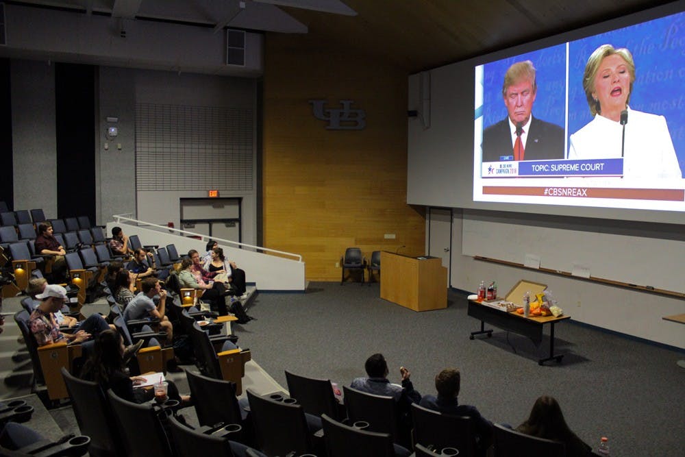 <p>UB students in Norton Hall&nbsp;watch Donald Trump and Hillary Clinton speak at the final presidential debate.&nbsp;The third debate had arguably the most substantive discussion on policy issues.</p>