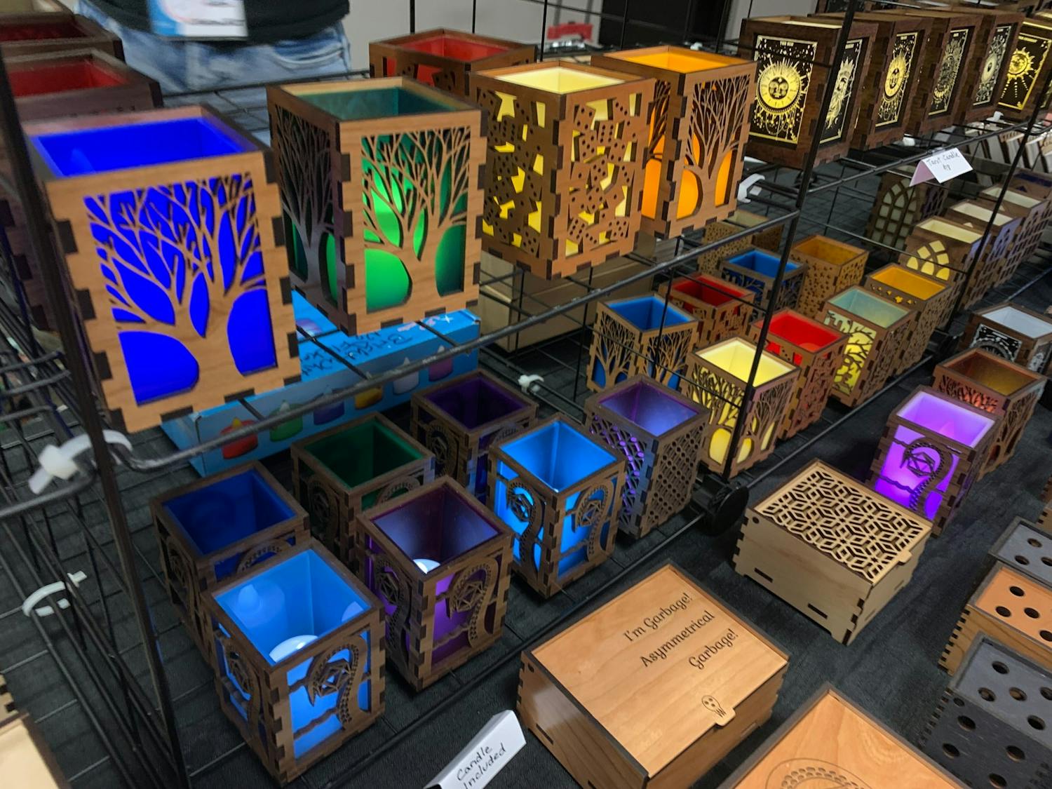Wooden storage boxes and light displays were on sale at UBCon XXXI.