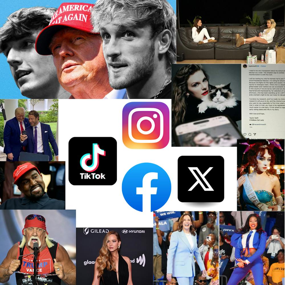 A graphic depicting many celebrities who have openly endorsed one of the candidates ahead of the 2024 presidential election.