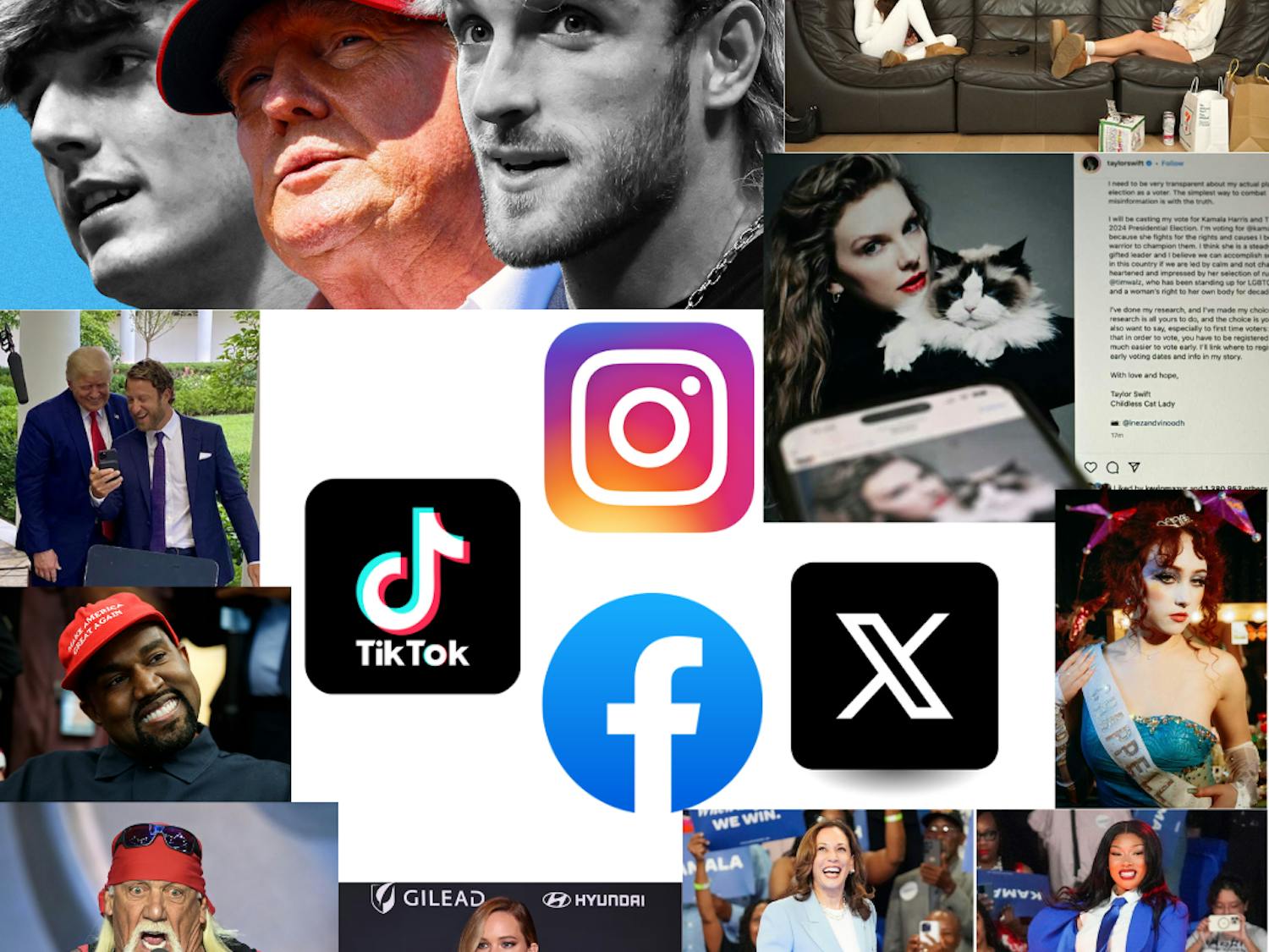 A graphic depicting many celebrities who have openly endorsed one of the candidates ahead of the 2024 presidential election.