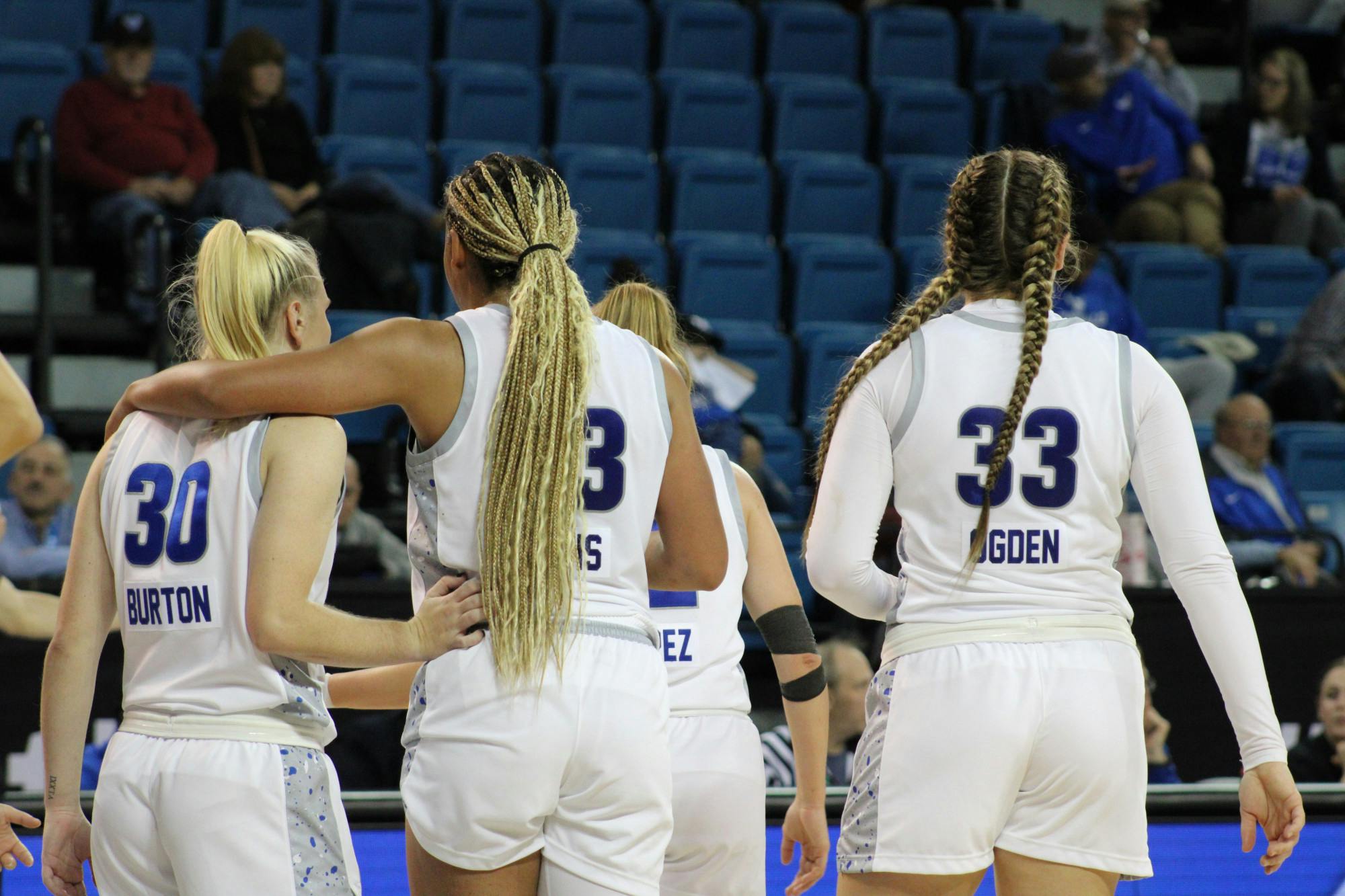 Left to right: Junior guard Katie Burton, freshman forward Alexis Davis, sophomore forward Hattie Ogden.