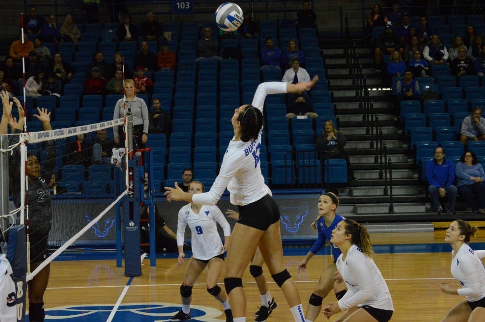 Sophomore outside hitter Andrea Mitrovic looks for the spike. The Bulls need to win out the rest of the season to guarantee a bye in the MAC Championship.