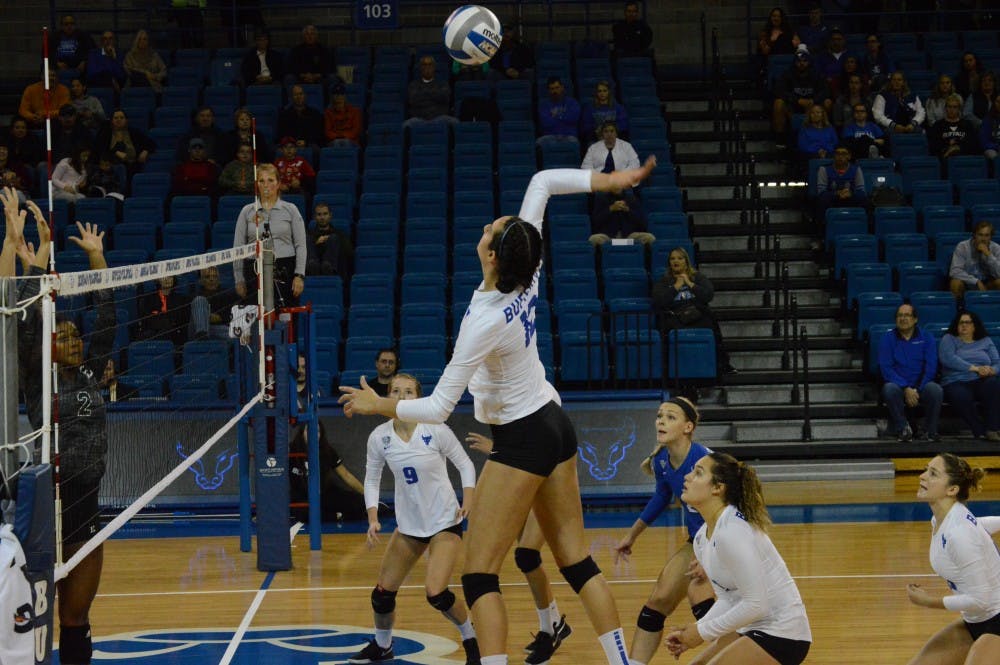 <p>Sophomore outside hitter Andrea Mitrovic looks for the spike. The Bulls need to win out the rest of the season to guarantee a bye in the MAC Championship.</p>