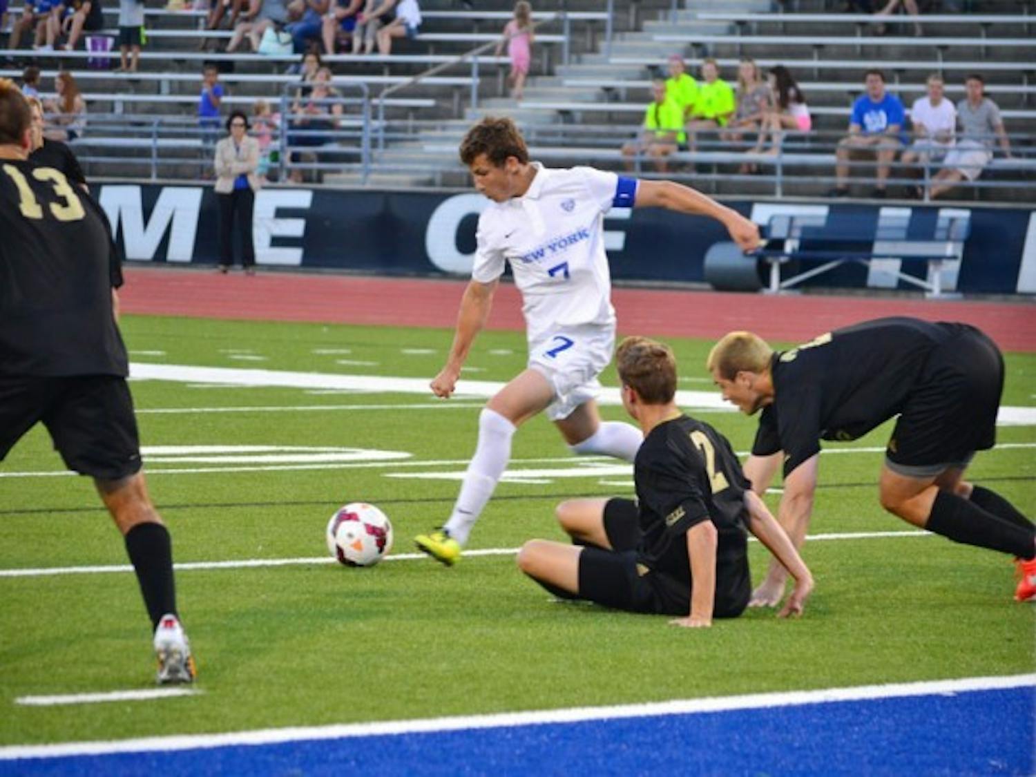Sophomore midfielder Russell Cicerone scored two goals in Buffalo’s 3-2 victory over Bryant Friday. He scored his second from midfield and it was the game-winner in double overtime.
Abhishek Desikan, The Spectrum