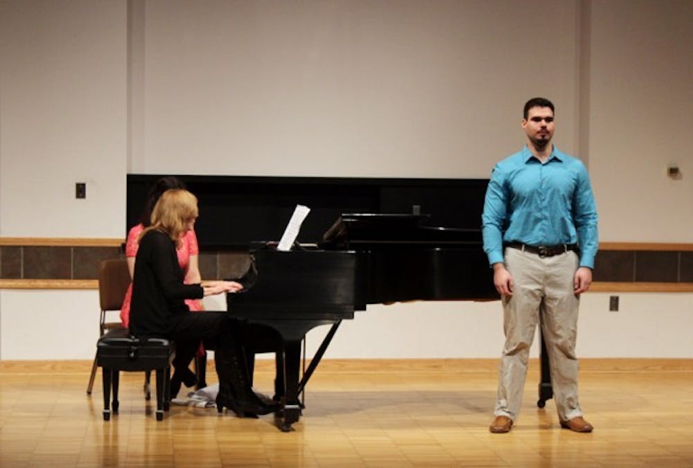 UB Voice Studio&rsquo;s Fall Recital was filled with Krista Seddon&rsquo;s (left) piano melodies accompanying the performances of students, like Daniel Rotshteyn&rsquo;s (right), a first-year graduate student working in chemistry, who sang a song by George Handel.&nbsp;Cletus Emokpae, The Spectrum