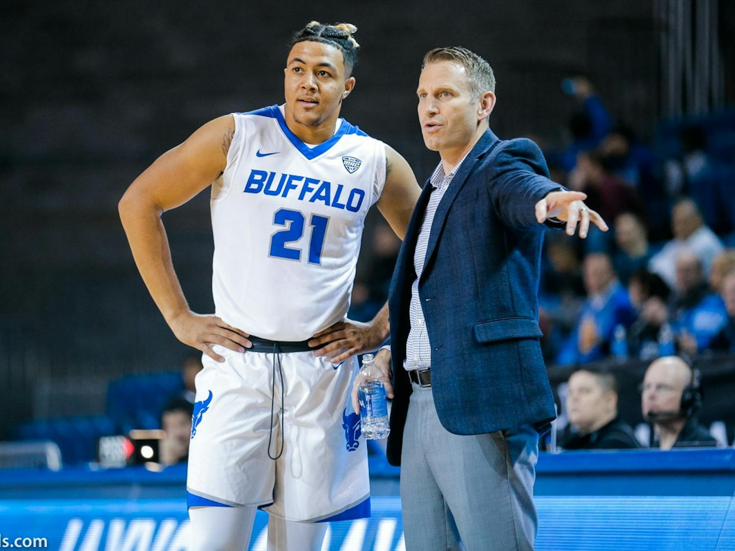 Dominic Johnson (left) and Nate Oats (right) developed a strong bond at UB.&nbsp;