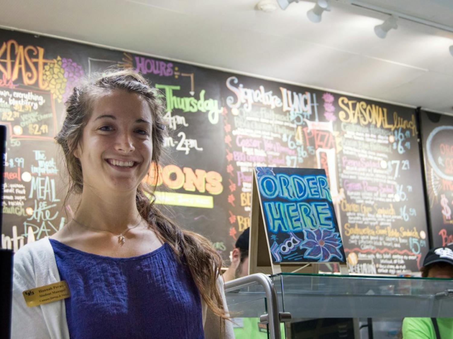 Hannah Perno, a senior environmental science major, was commissioned to create the vibrant blackboard menu in the new Center for the Arts café, Seasons. The organic café and juice bar is part of UB Campus Dining and Shops and UB Sustainability’s initial plan for a greener campus.