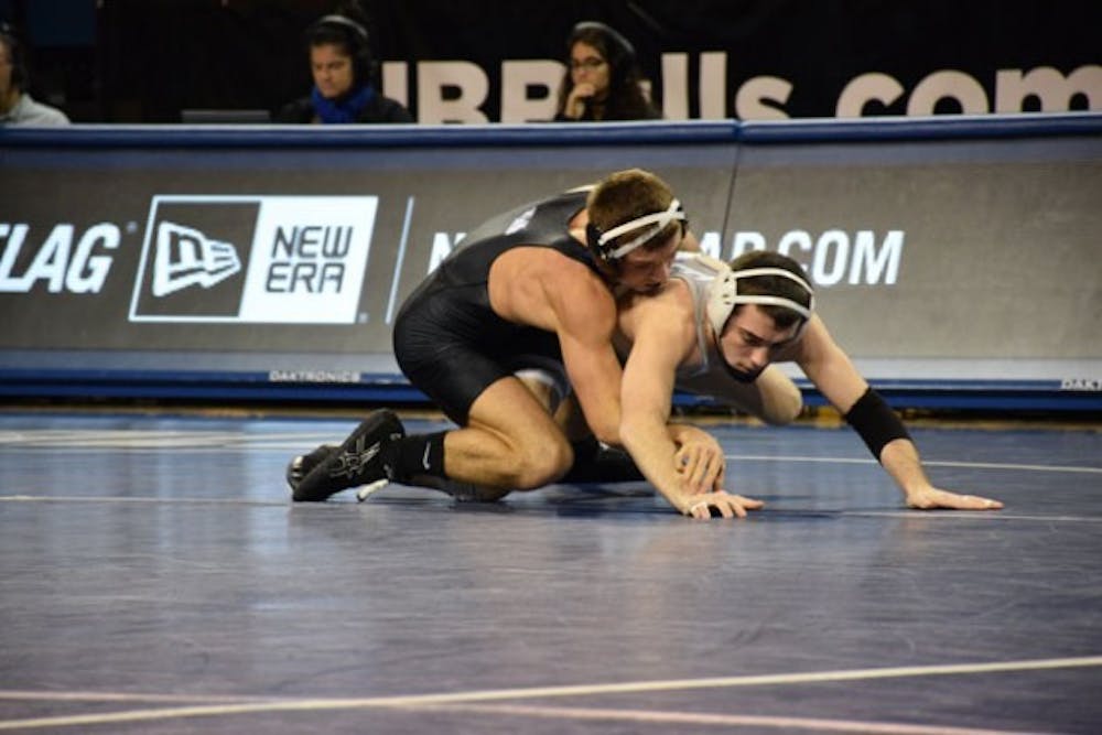 Max Soria defeated Eastern Michigan&#39;s Blake Caudill by major decision Sunday in his final career match
at Alumni Arena.&nbsp;Angela Barca, The Spectrum