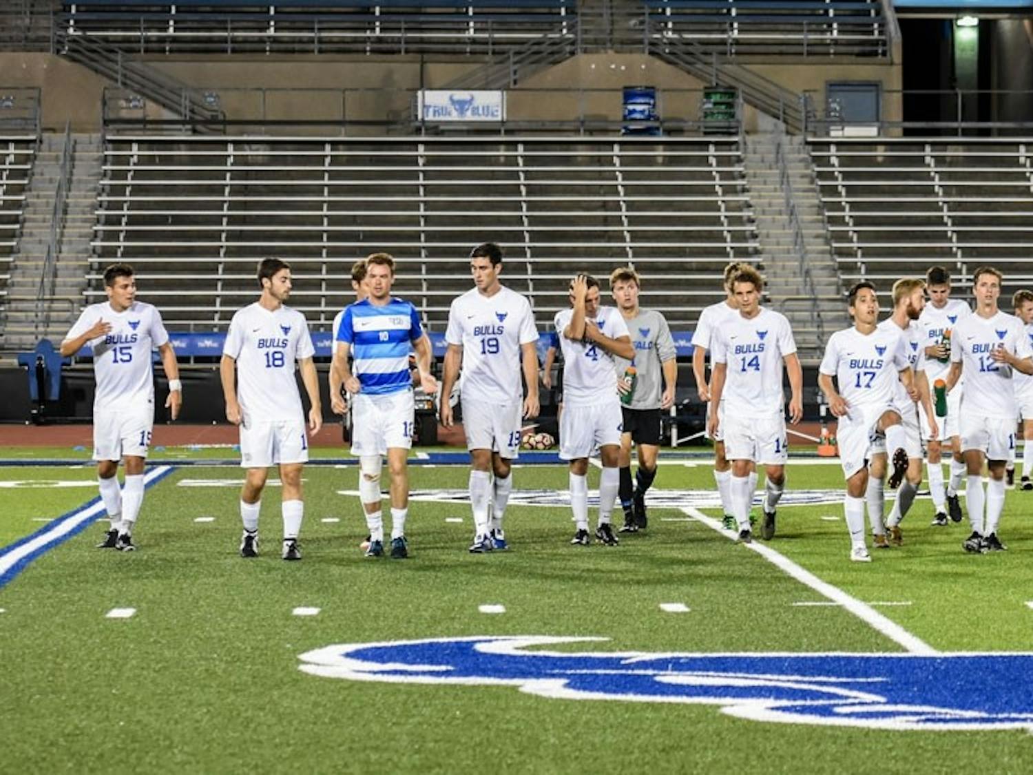 UB men's soccer warms up prior to a game. The men's soccer team has been cut from UB Athletics.