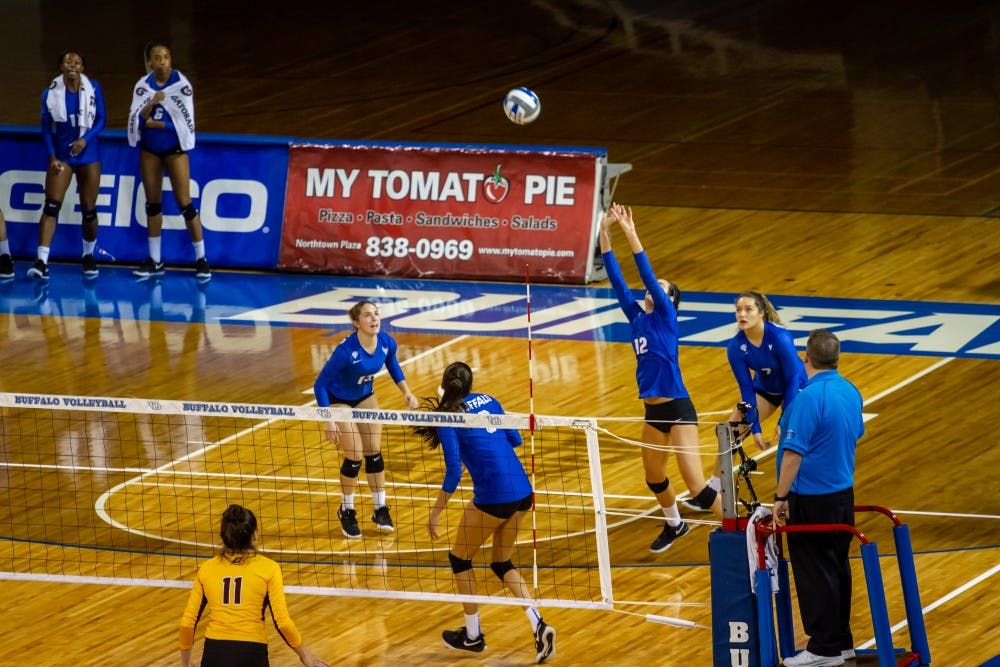 <p>The Bulls get ready to return the ball at Alumni Arena. Buffalo had 28 attack errors against Central Michigan on Saturday night leading to a poor .200 kill percentage.</p>
