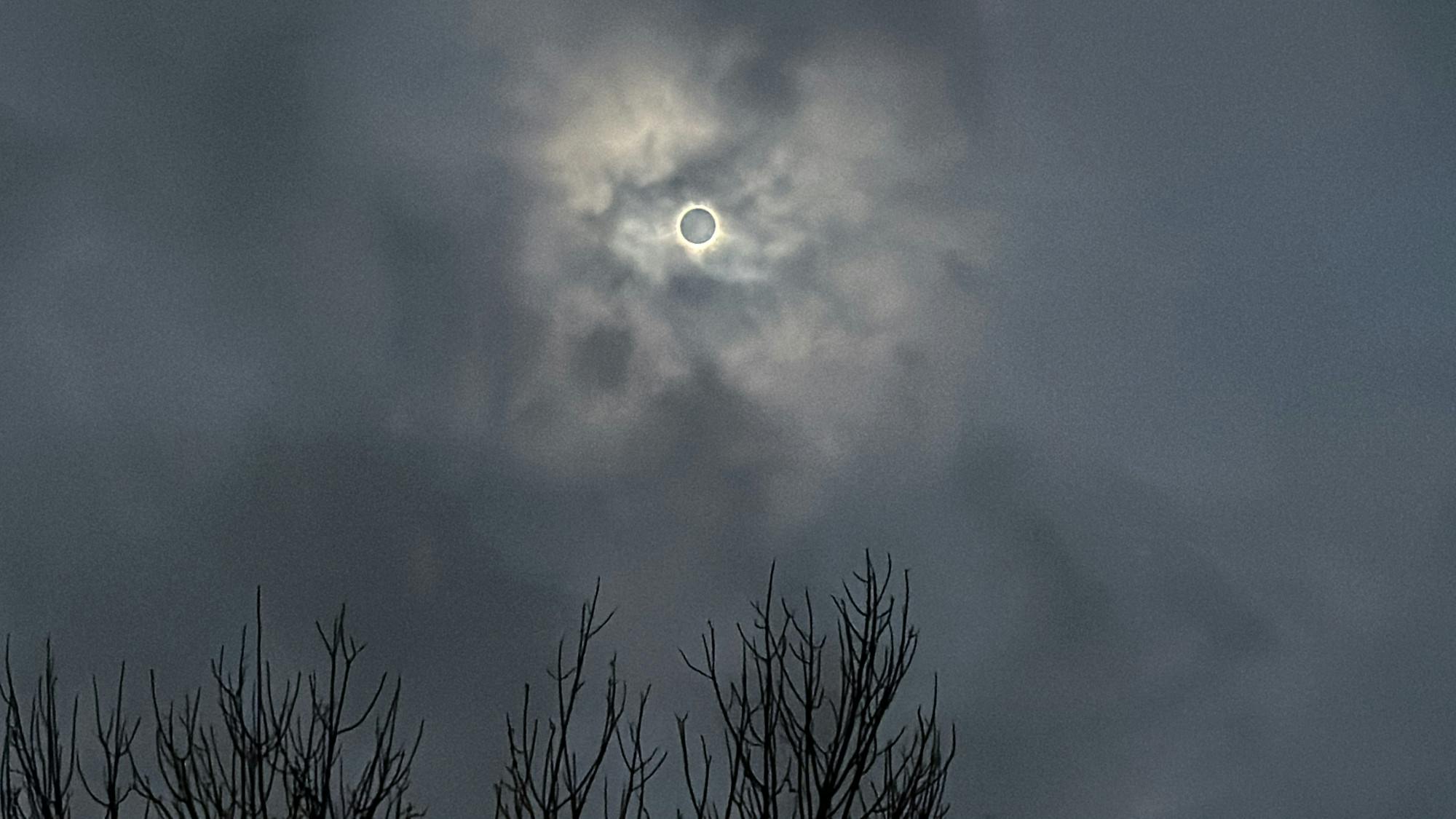 "Totality" occurs when the moon completely covers the sun, with the exception of the sun's corona.&nbsp;