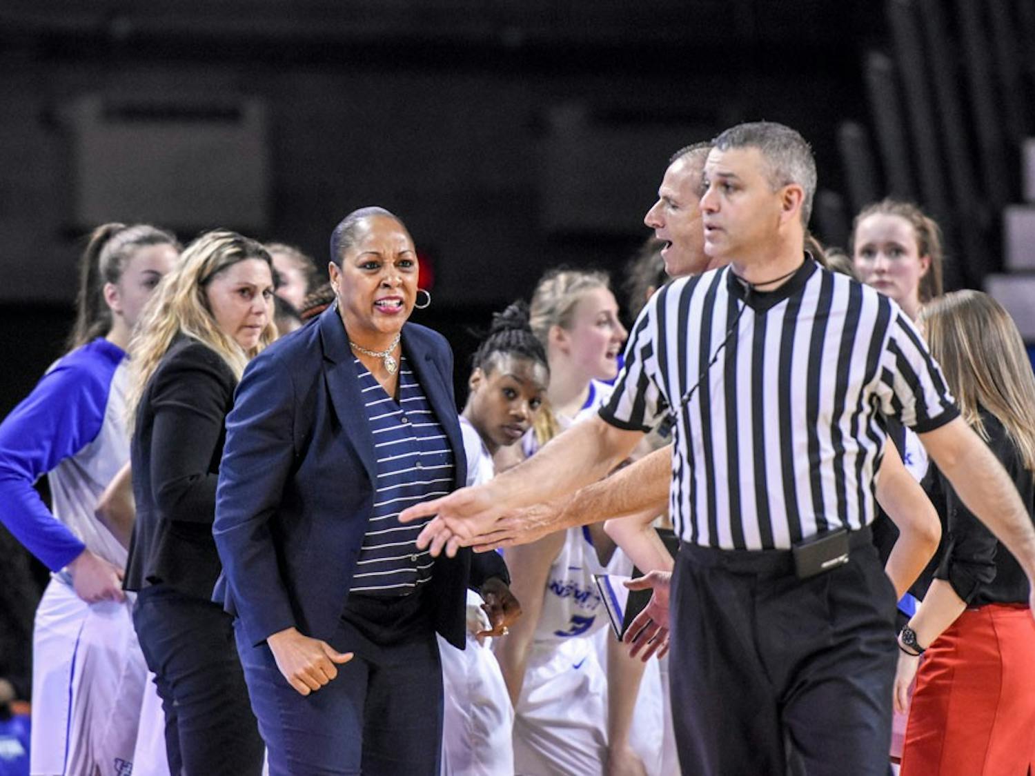 Head coach Felisha Legette-Jack argues with a referee during Buffalo's 70-55 loss to Eastern Michigan at Alumni Arena on Wednesday.&nbsp;